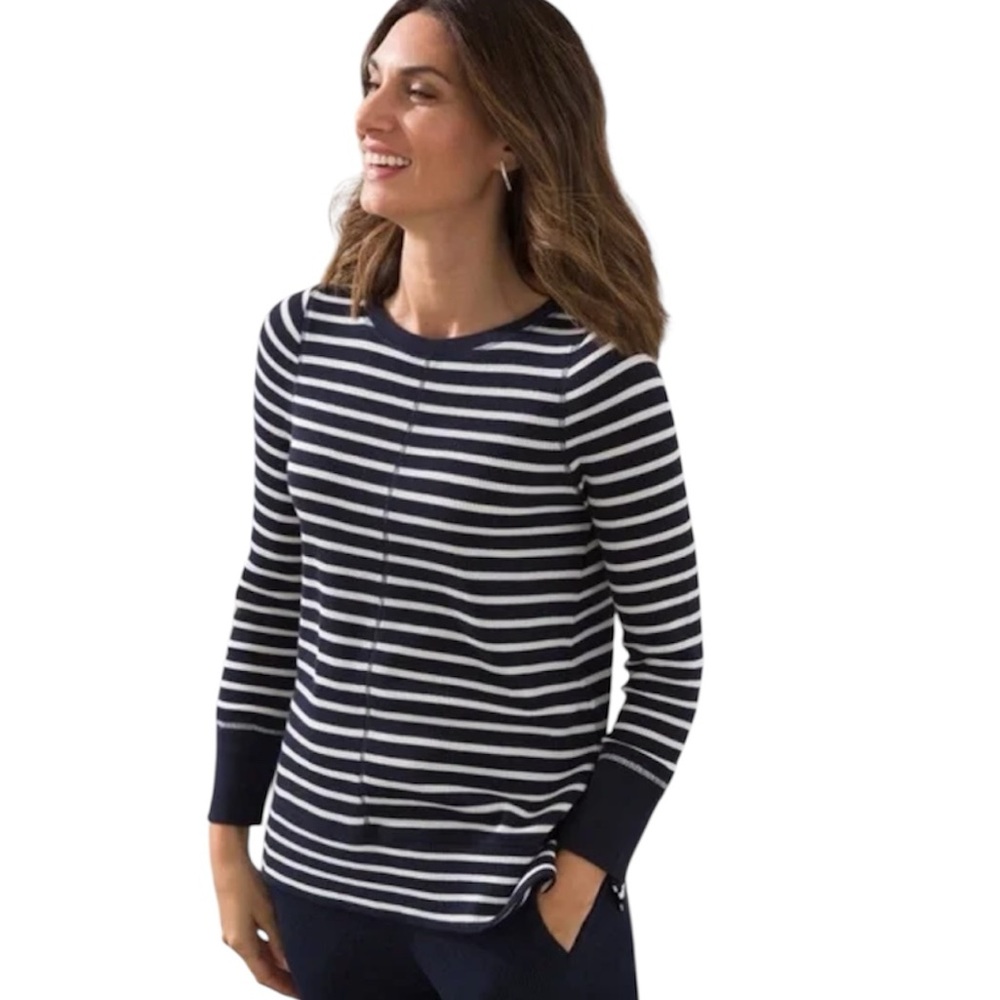 Chico’s Zenergy Women’s Navy/White Stripe Long Sleeve Waffle Top Size 2 (12/14)